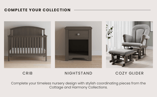 Three nursery pieces—a gray crib, matching nightstand with one drawer, and Child Craft Cozy Glider and Ottoman in Dapper Gray—are displayed with the text “Complete Your Collection.”.