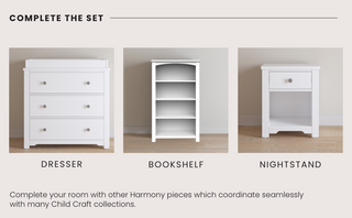 Displayed side by side are three white pieces from Child Craft: the Harmony 3-Drawer Dresser with Changing Table Topper in matte white, a four-shelf bookshelf, and a nightstand with one drawer and an open shelf—perfect for modern nursery storage.