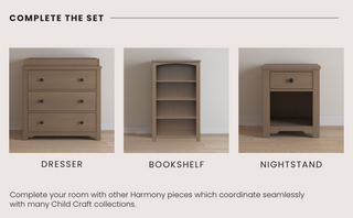 The Child Craft Harmony set in Dusty Heather features a 3-drawer dresser with a changing table topper, plus matching bookshelf and nightstand, all in a coordinated light brown finish.
