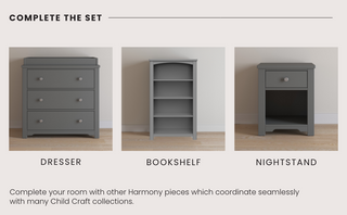 Three Cool Gray nursery pieces by Child Craft: Harmony 3-Drawer Dresser with Changing Table Topper, a four-shelf bookshelf, and a nightstand with one drawer plus an open bottom shelf, all shown side by side.