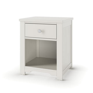 The Child Craft Harmony Nightstand in Brushed Cotton is a white wooden piece with a single drawer featuring a round knob and an open storage shelf below, shown against a plain white background.