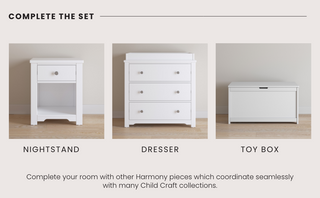 The Child Craft Harmony set in matte white includes a 3-drawer dresser with changing table topper, a nightstand with open shelf, and a toy box with hinged lid—modern nursery storage pieces designed to match.