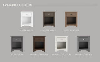 Image of seven Child Craft Harmony Nightstands in a row, each labeled with a unique finish—Matte White, Dapper Gray, Dusty Heather, Cool Gray, Brushed Truffle, Brushed Cotton, and Brushed Pebble—ideal for classic bedside storage.