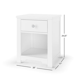 The Child Craft Harmony Nightstand in Matte White features child-safe finishes, a single drawer with a round knob, an open lower shelf, and measures 24.25" H x 20" W x 17" D—perfect for practical bedside storage.