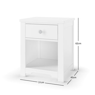 The Child Craft Camden 3-Piece Nursery Set includes a white nightstand with a drawer and open shelf (62x51x43 cm), perfect beside the 4-in-1 convertible crib or dresser for versatile nursery storage.