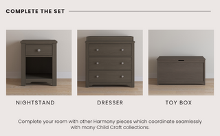 Three matching dark wood pieces are shown: a nightstand with drawer and open shelf, a three-drawer dresser, and the Child Craft Harmony 33" Kids Toy Box in Dapper Gray, each labeled beneath it.