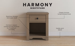 The Child Craft Harmony Nightstand in Dusty Heather features child-safe finishes, one spacious drawer with a bronze-tone knob, an open shelf, subtle arch detail at the base, and is available in seven contemporary finishes.