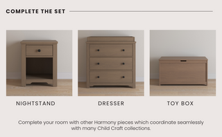 The Child Craft Harmony Nightstand in Dusty Heather is displayed alongside matching furniture with child-safe finishes against a white wall and floor. “Complete The Set” appears above with a coordinating set description below.