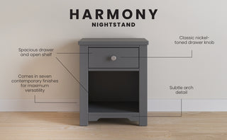 The Child Craft Harmony Nightstand in Cool Gray features a classic design with one roomy drawer, an open shelf for bedside storage, a nickel-tone knob, and an arched detail—perfect for any room's décor.