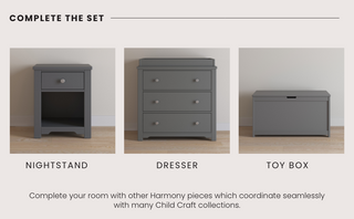 Three gray furniture pieces—a Child Craft Harmony Nightstand in Cool Gray with bedside storage, a three-drawer dresser, and a toy box with lift-up lid—are displayed side by side on light wood floors against a pale wall.