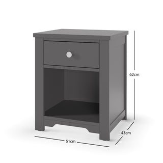The Child Craft Harmony Nightstand in Cool Gray features child-safe finishes, one drawer, and an open shelf for convenient bedside storage; it measures 62 cm high, 51 cm wide, and 43 cm deep.
