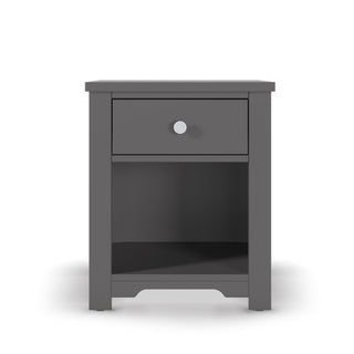 The Child Craft Harmony Nightstand in Cool Gray offers bedside storage with a single drawer, round silver knob, and open shelf. Its modern design features child-safe finishes and looks elegant against a white background.
