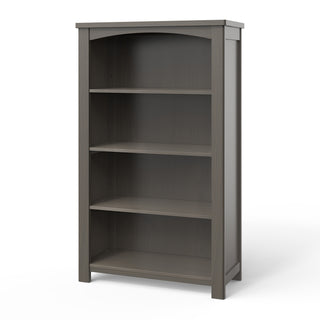 The Child Craft Harmony 4-Shelf Bookcase in Dapper Gray, featuring a slightly arched top, stands empty against a white background.