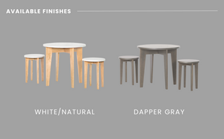 Two Geo Table and Stools Sets by Child Craft are displayed on a gray background: one in white/natural wood, the other in dapper gray. Text above says AVAILABLE FINISHES.