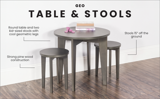 The Child Craft Geo Table and Stools Set in Dapper Gray features a round pine wood table with two geometric-leg kid-sized stools (15" high). Perfect for books and building blocks.