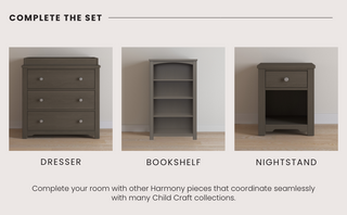 The Geo Table and Stools Set by Child Craft in Dapper Gray is featured, with text labeling each piece and suggesting completing your child's room with the full matching set.