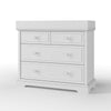 The Child Craft F01792 Universal Changing Table Topper in Matte White adds convenience to your white wooden dresser with two small upper and two large lower drawers, maintaining its classic design and decorative molding.