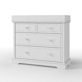 The Child Craft F01792 Universal Changing Table Topper in Matte White adds convenience to your white wooden dresser with two small upper and two large lower drawers, maintaining its classic design and decorative molding.