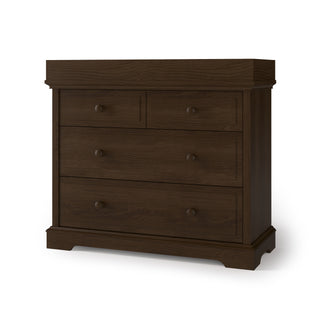 A dark brown wooden dresser with four drawers and round knobs features a classic design. Add the Child Craft F01792 Universal Changing Table Topper in Slate to turn the flat top into a convenient diaper changing station.