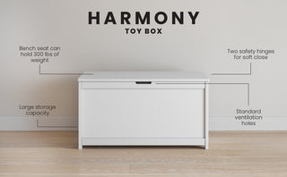 The Child Craft Harmony 33" Kids Toy Box in matte white features a bench seat holding up to 300 lbs, large storage capacity, two safety soft-close hinges, and standard ventilation holes—perfect for organizing your child's space.