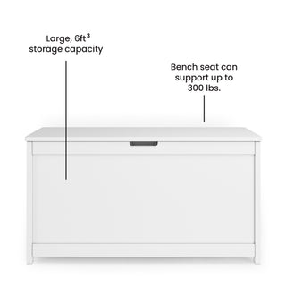 The Child Craft Harmony 33" Kids Toy Box in matte white has a spacious 6 cubic foot capacity and a seat that supports up to 300 lbs, with labels highlighting these features.