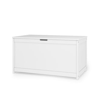 The Child Craft Harmony 33" Kids Toy Box in matte white features a hinged lid and front handle, shown against a plain white background.