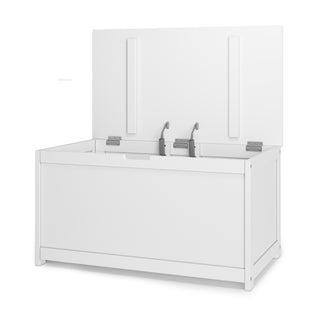 The Child Craft Harmony 33" Kids Toy Box in matte white features a simple, modern design with clean lines, a hinged lid that opens to reveal interior hinges and two safety support arms for safe storage.