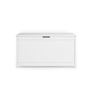 The Child Craft Harmony 33" Kids Toy Box in matte white is a simple, modern storage bench with a flat top, clean lines, and a front panel featuring a small cutout handle.