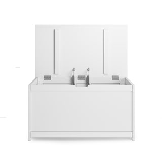 The Child Craft Harmony 33" Kids Toy Box in matte white features a rectangular design with a lid.