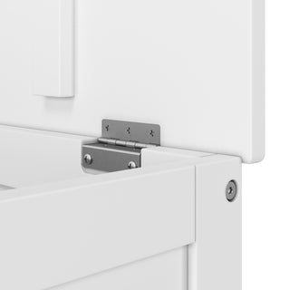 Close-up of a metal hinge fastened with screws on the Harmony 33" Kids Toy Box by Child Craft. The toy box features smooth, matte white panels with a sleek, modern finish.