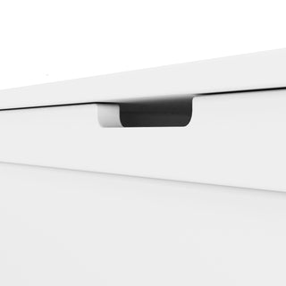 Close-up of the Child Craft Harmony 33" Kids Toy Box in Matte White, highlighting its minimalist design and recessed handle cutout for a modern look.
