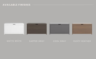 The Child Craft Harmony 33" Kids Toy Box is shown in matte white, dapper gray, cool gray, and dusty heather finishes against a light gray background with the heading "Available Finishes.