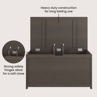 The Child Craft Harmony 33" Kids Toy Box in Dapper Gray is shown open, featuring heavy-duty construction and strong safety hinges for a soft close—durability and hinge benefits are highlighted with text annotations.