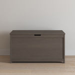 The Child Craft Harmony 33" Kids Toy Box in Dapper Gray sits on a light wood floor by a plain beige wall. It features a simple design with a small handle cutout on the front panel.