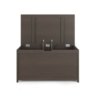 The Child Craft Harmony 33" Kids Toy Box in Dapper Gray features a dark wood finish, open hinged lid, and spacious compartmentalized interior, all displayed against a white background.