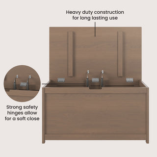 The Child Craft Harmony 33" Kids Toy Box in Dusty Heather features heavy-duty construction for lasting durability and strong safety hinges for a soft-close lid, ensuring safe and convenient toy storage for kids.