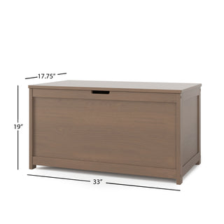 The Child Craft Harmony 33" Kids Toy Box in Dusty Heather features a rectangular wooden design with a hinged lid, cutout handle, and measures 17.75"D x 19"H x 33"W.