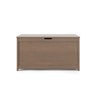 The Child Craft Harmony 33" Kids Toy Box in Dusty Heather features a simple rectangular wooden design, a flat lid, and a front cut-out handle for easy opening, shown against a plain white background.