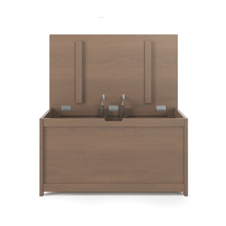 The Child Craft Harmony 33" Kids Toy Box in Dusty Heather is shown with its hinged lid open, revealing the spacious interior compartment and metal hinges, set against a white background.