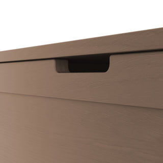 Close-up view of the Child Craft Harmony 33" Kids Toy Box in Dusty Heather, highlighting its wooden drawer with a built-in hand groove pull and showcasing the natural wood texture and grain.