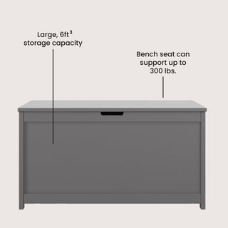 The Harmony 33" Kids Toy Box by Child Craft in Cool Gray offers a spacious 6 cu. ft. storage and supports up to 300 lbs. Two labeled callouts highlight these features on an off-white background.