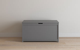 The Child Craft Harmony 33" Kids Toy Box in Cool Gray, featuring a rectangular shape and handle slot on the lid, is shown against a white wall on a light wood floor.