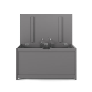 The Harmony 33" Kids Toy Box by Child Craft in Cool Gray is shown with its lid open, revealing a spacious interior. The modern bench features a simple design and is displayed against a white background.
