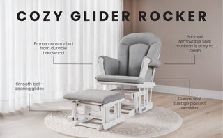 The Child Craft Cozy Glider and Ottoman in Matte White features a durable hardwood frame, smooth gliding motion, padded removable cushions, and handy side storage pockets—perfectly placed on a round rug by white curtains.