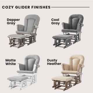 The Child Craft Cozy Glider and Ottoman in Dusty Heather features cushioned armrests and a sturdy wooden frame, combining comfort and style.