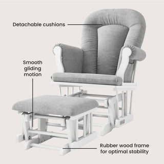 The Child Craft Cozy Glider and Ottoman in Matte White features a gray cushion, detachable cushions, smooth gliding motion, and optimal stability on a white rubber wood frame. Text labels call out each feature.