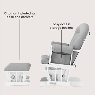 The Child Craft Cozy Glider and Ottoman, Matte White, features a comfy gray and white chair with side pocket for easy-access storage and a matching cushioned ottoman for added comfort.