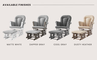 Four Child Craft Cozy Glider and Ottoman sets in matte white, dapper gray, cool gray, and dusty heather are shown side by side under the heading "Available Finishes.