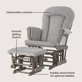 The Child Craft Cozy Glider and Ottoman, Dapper Gray, features detachable cushions, smooth gliding motion, and a sturdy rubber wood frame for stability. Text labels highlight each feature.
