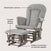 The Child Craft Cozy Glider and Ottoman, Dapper Gray, features detachable cushions, smooth gliding motion, and a sturdy rubber wood frame for stability. Text labels highlight each feature.